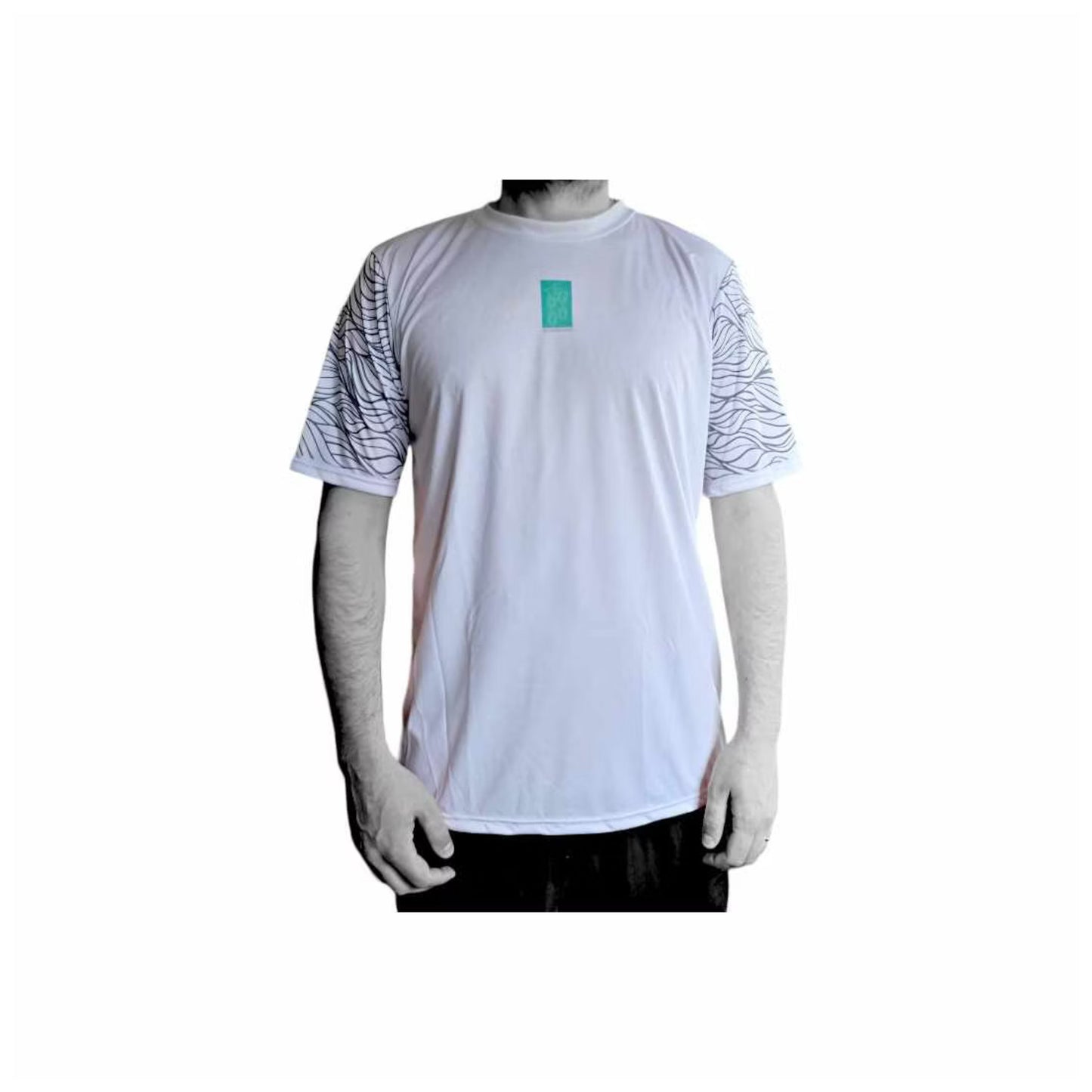 The Fairway Brand Unisex Recycled Performance T-shirt - White with Swirl Sleeve (MISPRINT LOGO)
